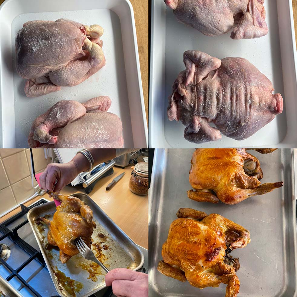 Four photos show two whole chickens: top left and right are raw, bottom left shows one being basted whilst roasting, and bottom right displays both chickens cooked, golden and crispy on a baking tray.