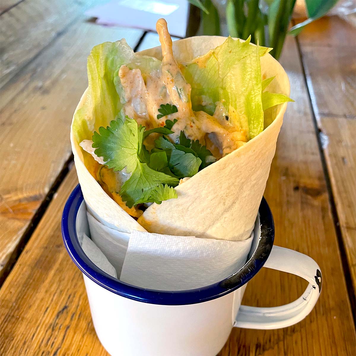 A tortilla wrap filled with lettuce, chicken goujons, creamy sauce, and fresh coriander, served upright in a white enamel mug on a wooden table.
