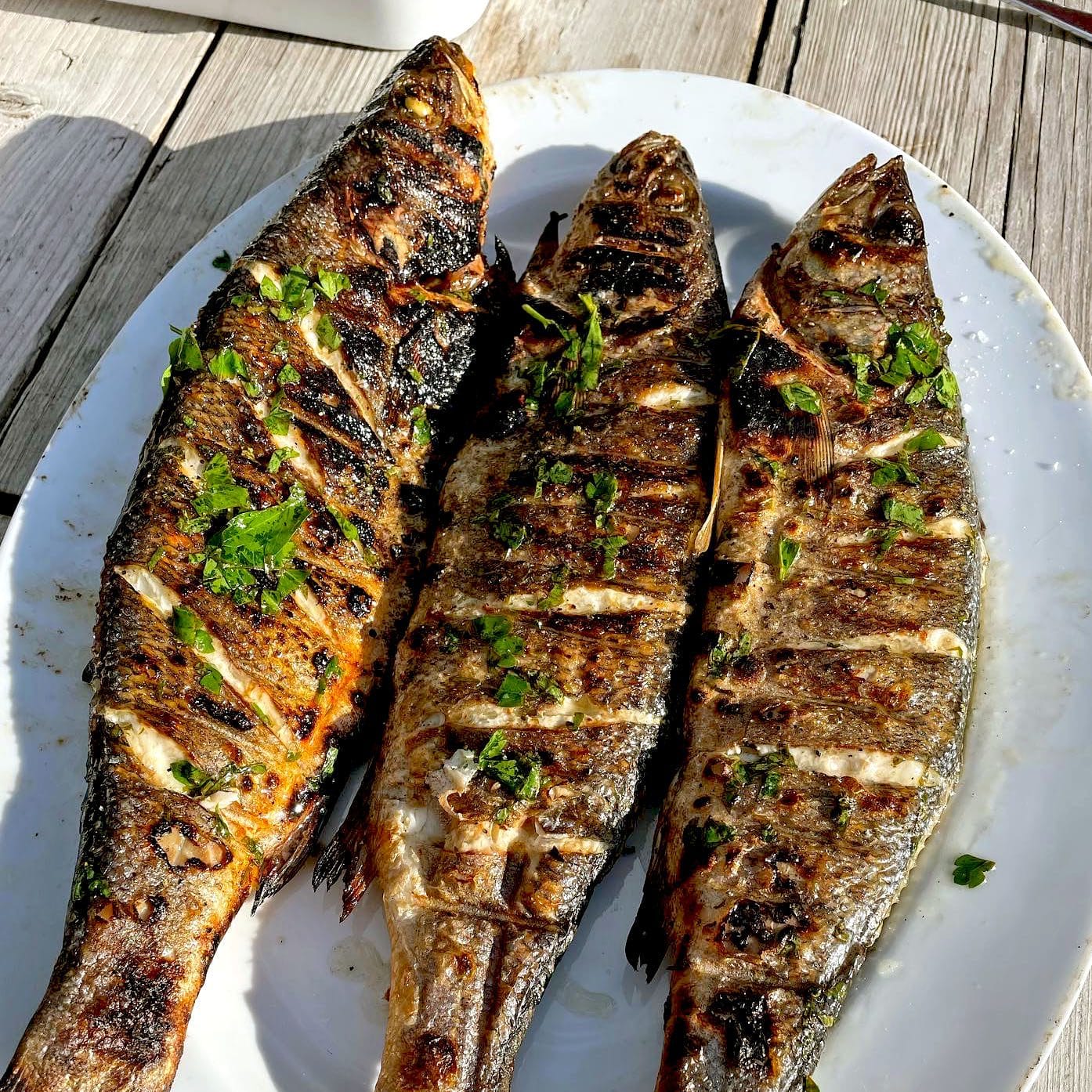 Three grilled whole fish with char marks and garnished with chopped herbs are served on a white oval plate, set on a rustic wooden table in bright sunlight.