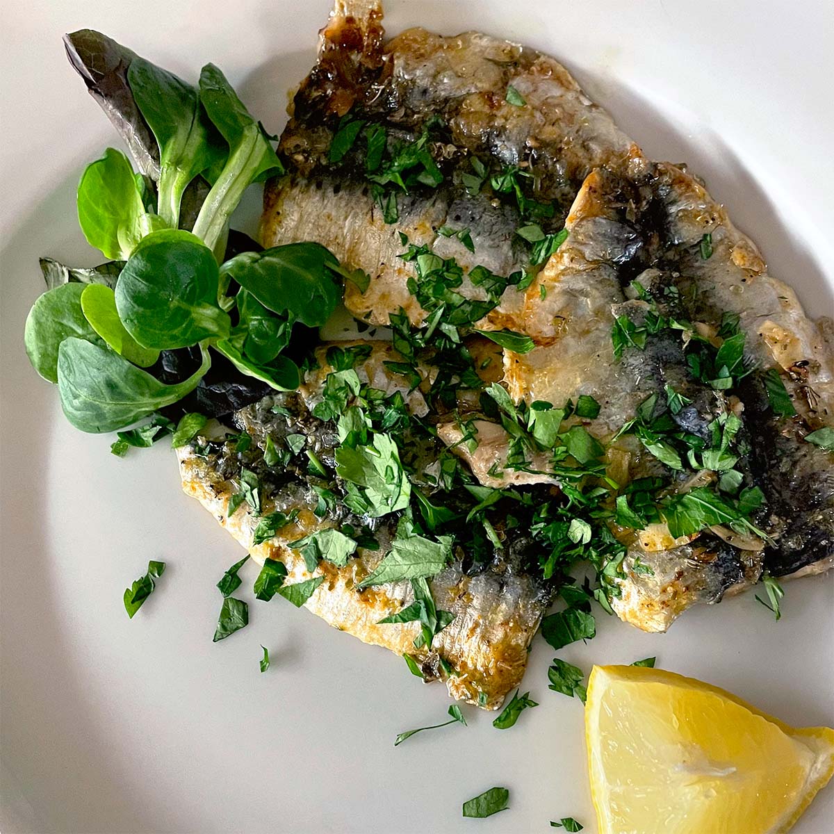Grilled fish fillets garnished with chopped herbs, served with a wedge of lemon and a small side of fresh salad leaves on a white plate.