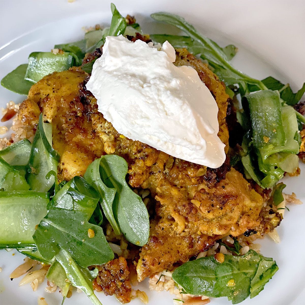 Seasoned roasted chicken topped with a dollop of creamy white sauce, served on a bed of rocket leaves and cucumber ribbons, garnished with chopped nuts on a white plate.