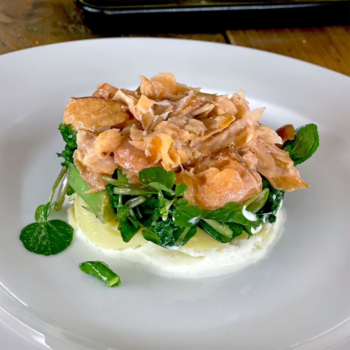 A plated dish featuring flaked salmon on a bed of fresh greens and sliced potatoes, served atop a layer of creamy white sauce on a white plate.