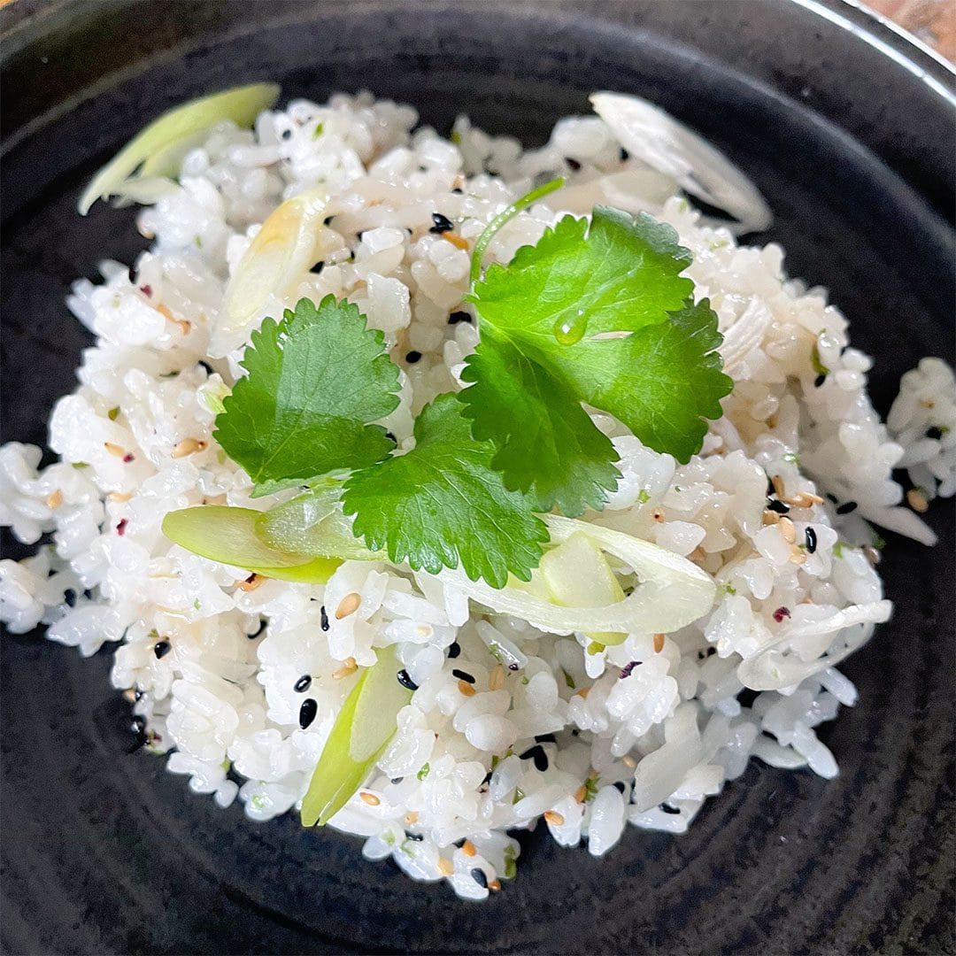 A close-up of a serving of seasoned white rice garnished with coriander leaves, sliced spring onions, and a sprinkle of black sesame seeds, presented on a dark plate.