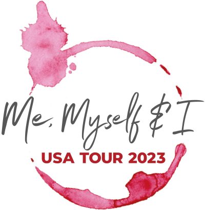 A pink wine stain forms a circle on white background with the text Me, Myself & I in cursive and USA TOUR 2023 in bold red letters below.