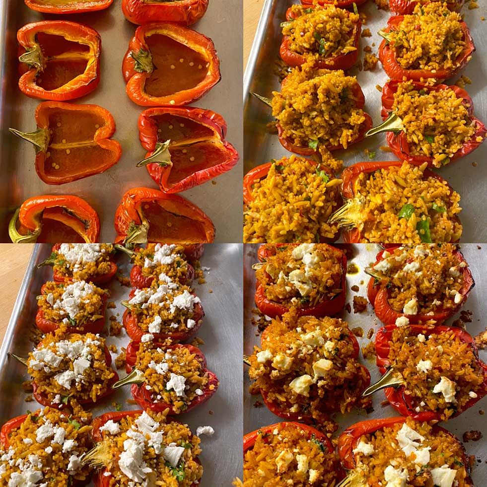 A four-panel collage shows red peppers being stuffed: halved peppers, peppers filled with rice mixture, then topped with crumbled cheese, and finally baked, golden with melted cheese.