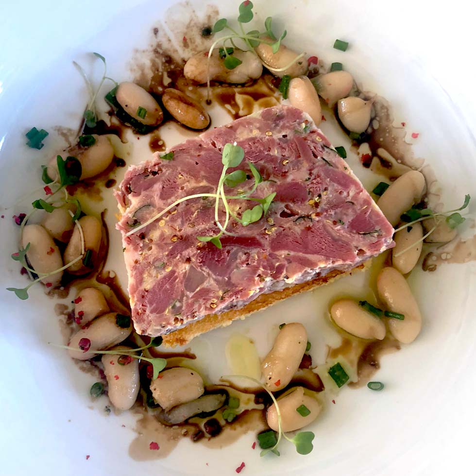 A rectangular slice of terrine garnished with microgreens sits in the centre of a plate, surrounded by white beans, chopped herbs, and a drizzle of sauce.