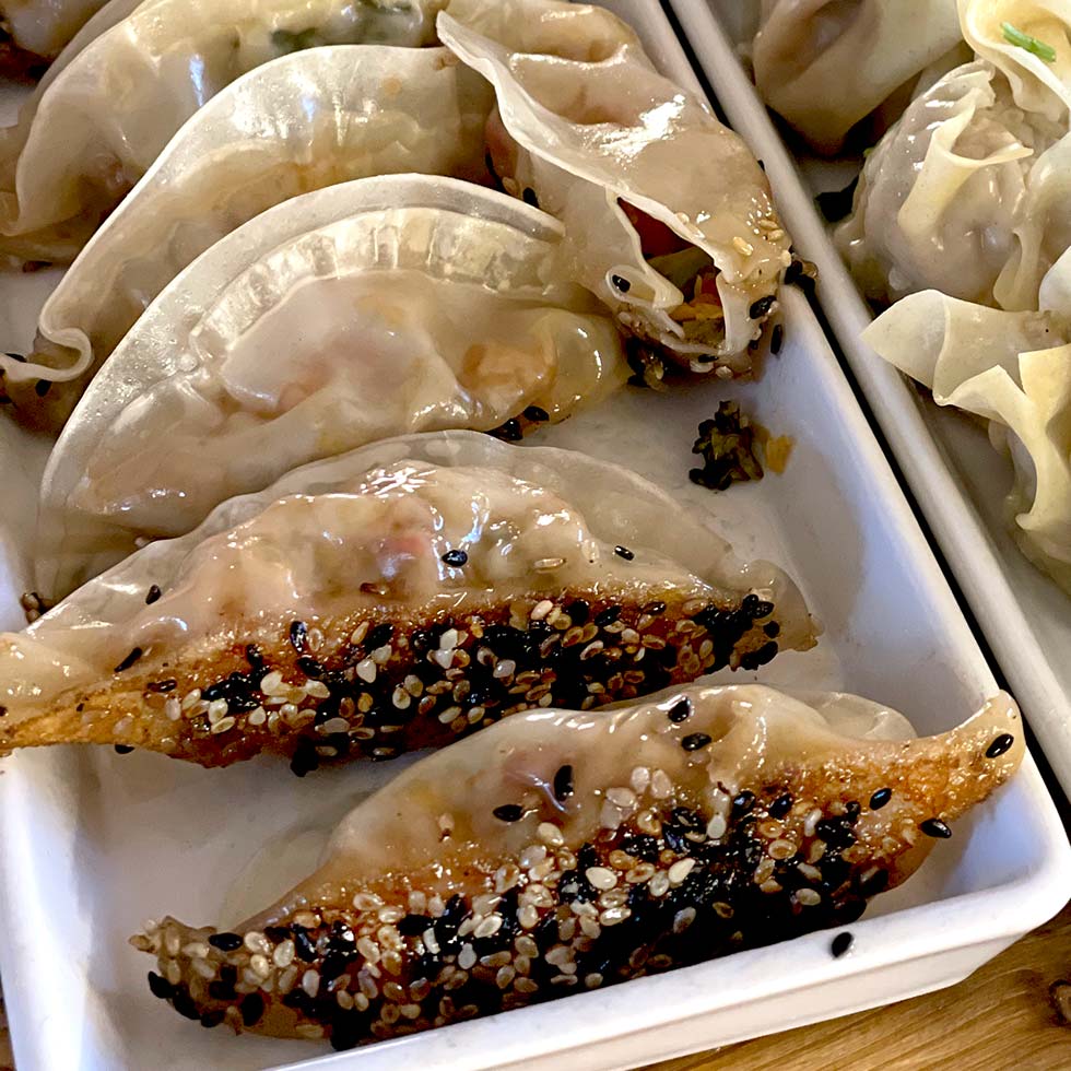 A close-up of pan-fried dumplings topped with white and black sesame seeds, arranged in a white rectangular dish alongside steamed dumplings.