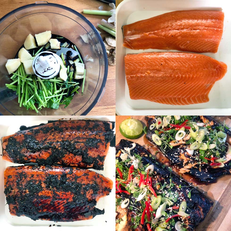 Four images show: 1) a food processor with herbs, ginger, and soy sauce, 2) two raw salmon fillets, 3) cooked salmon with a dark crust, 4) finished salmon garnished with herbs, chillies, and sesame seeds.