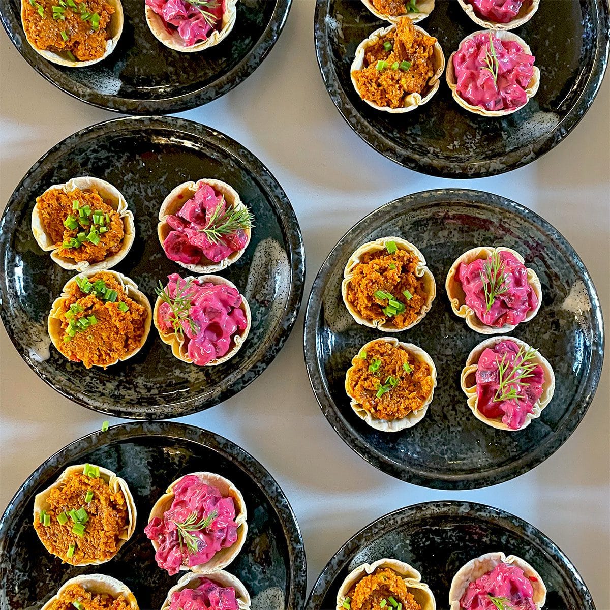 Black plates hold small tartlets with colourful fillings: some with a bright pink mixture topped with dill, others with an orange-brown mix garnished with green herbs, arranged neatly on a white surface.