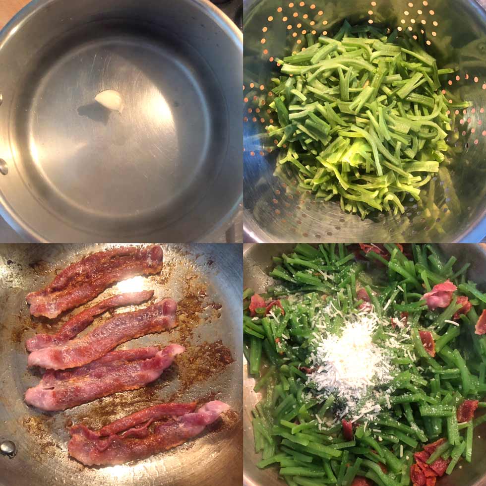 A four-panel image: garlic clove in a saucepan, cooked green beans in a colander, strips of bacon frying in a frying pan, and cooked green beans mixed with bacon and grated cheese in a frying pan.