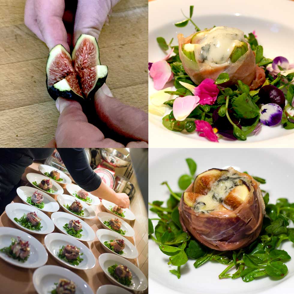 Four images: hands opening a fresh fig; a plate with a prosciutto-wrapped and cheese-stuffed fig on salad leaves and edible flowers; a chef plating many dishes; a close-up of the cheese-stuffed, prosciutto-wrapped baked fig on salad leaves.