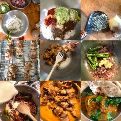 A collage of nine images showing steps of cooking: marinating meat, adding spices, grating ginger, skewering meat, mixing, sautéing onions and peppers, pouring cream, simmering meat in sauce, and serving with naan and coriander.