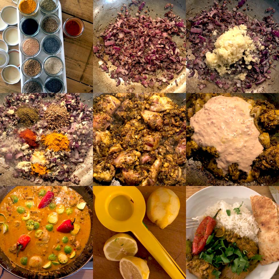 A 3x3 grid showing steps of cooking a curry, from spices and chopped onions to adding chicken, sauce, and garnishing with rice, peppers, lemon, and herbs. One image shows squeezed lemons and a juicer.