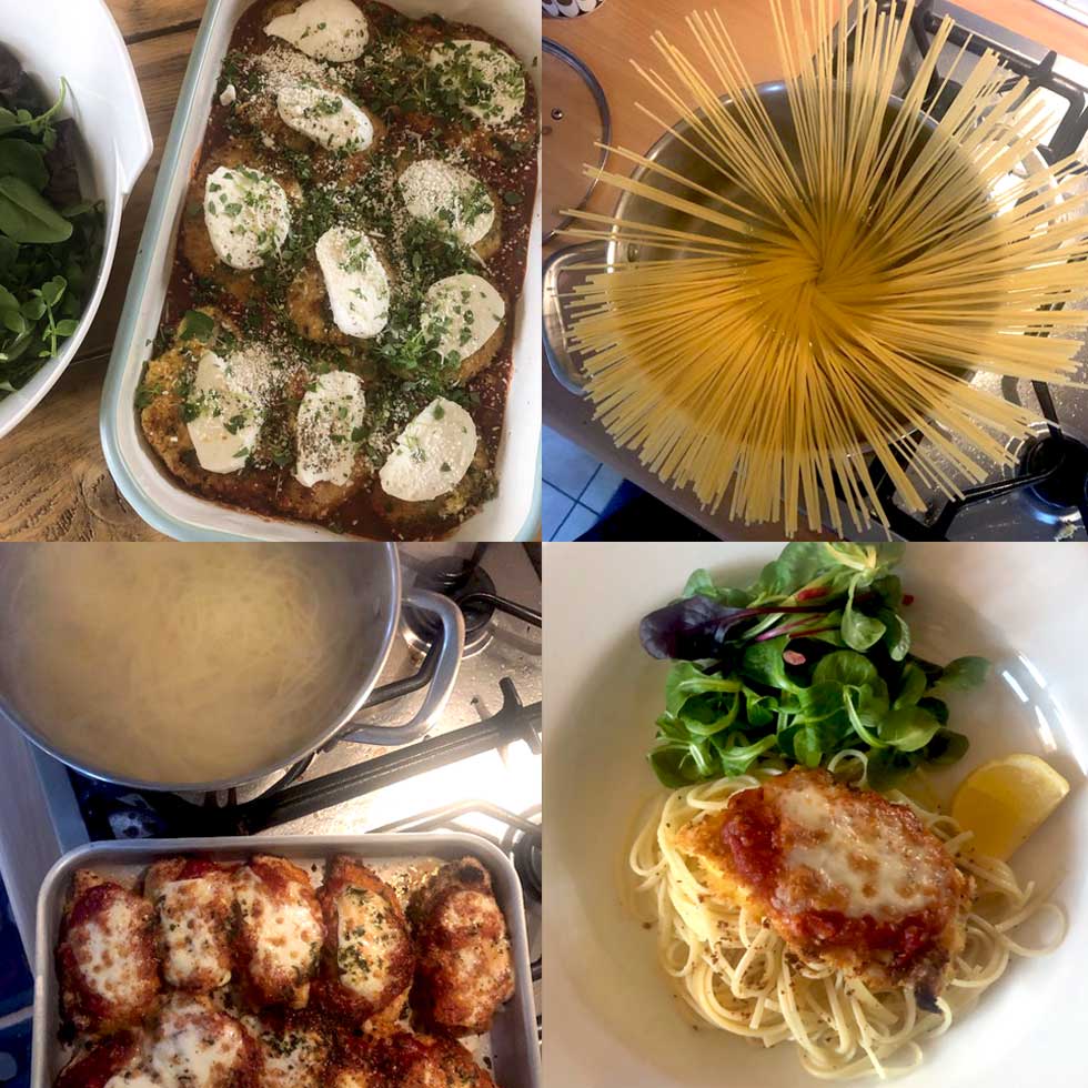 Four images show the process of making chicken parmigiana: breaded chicken with sauce and cheese before baking, uncooked spaghetti in a saucepan, spaghetti boiling, and the finished dish served with salad and lemon.