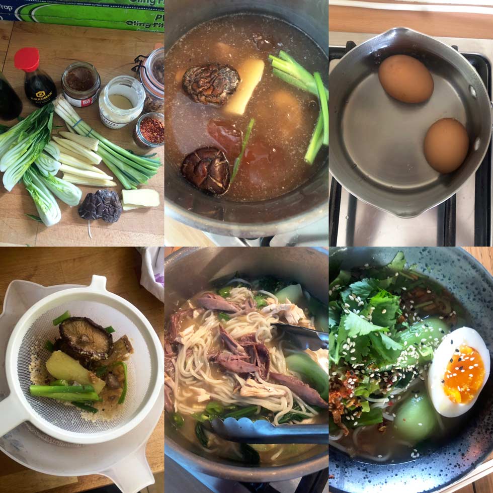 A collage shows steps of making noodle soup: ingredients on a table, broth simmering with vegetables, eggs boiling, broth being strained, noodles and vegetables cooking, and the finished soup garnished with herbs, sesame seeds, and half an egg.