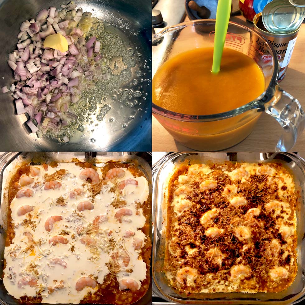 Four photos show the stages of making a prawn casserole: sautéing onions in butter, a bowl of orange sauce, prawns in a creamy sauce in a baking dish, and the finished baked prawn casserole with a golden top.