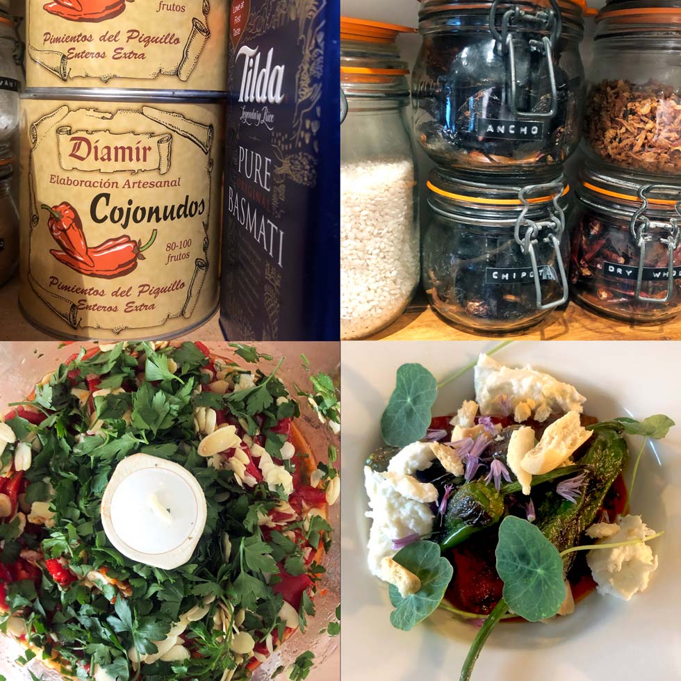 A collage of four images: tinned peppers and rice, jars of grains and dried chillies, chopped herbs and vegetables in a food processor, and a plated dish with vegetables, cheese, and edible flowers.