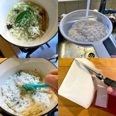 Four images: top left shows herbs and chopped onions in a saucepan; top right shows rice being rinsed with water in a sieve; bottom left shows rice being stirred into the saucepan; bottom right shows greaseproof paper being cut with scissors.