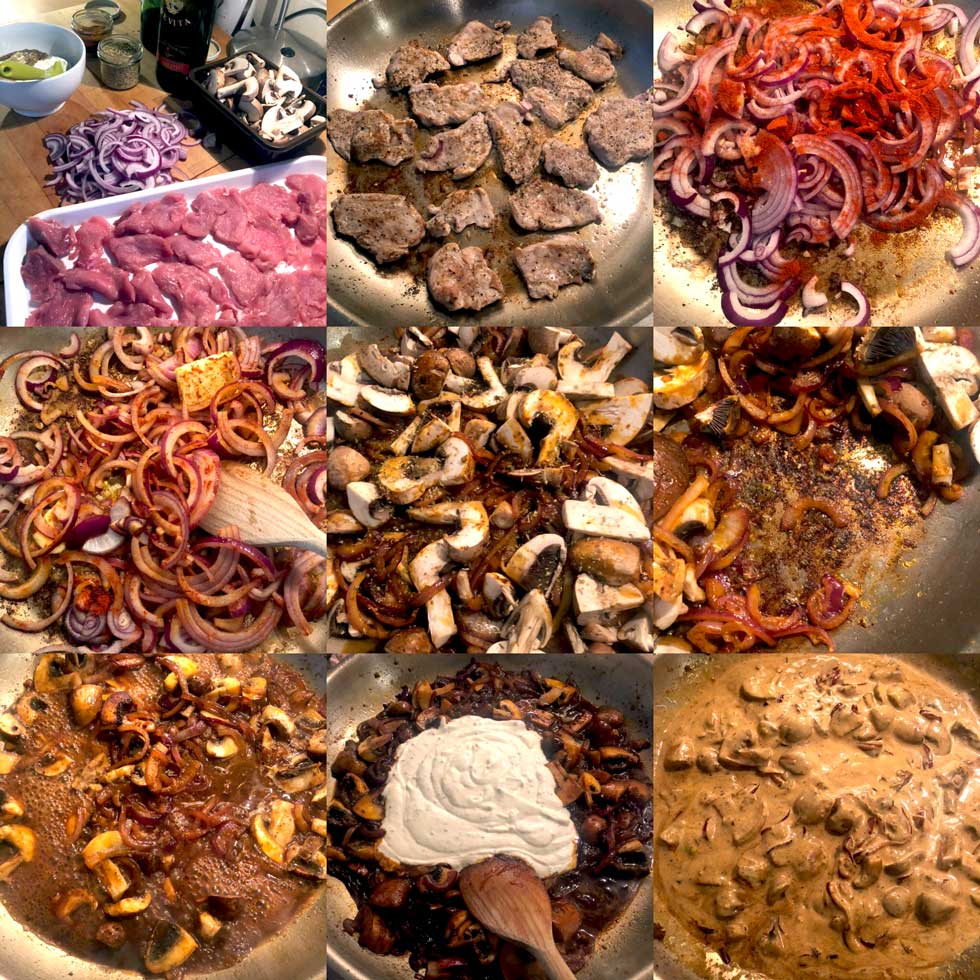 A nine-panel collage shows the step-by-step cooking process of a creamy beef and mushroom dish, from sliced raw ingredients to browned meat, sautéed onions and mushrooms, added spices, and a creamy sauce blending together.